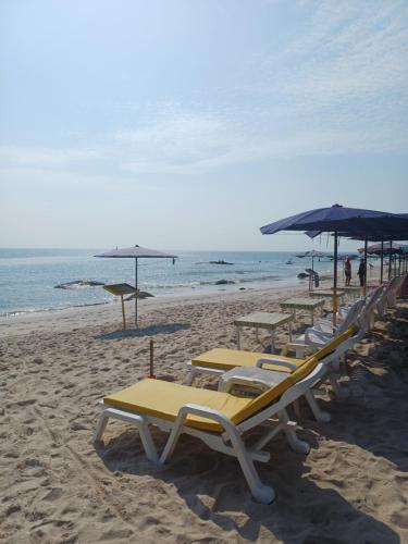 a row of chairs and umbrellas on a beach at Skippers inn pier 55 Bar&Guesthouse in Hua Hin