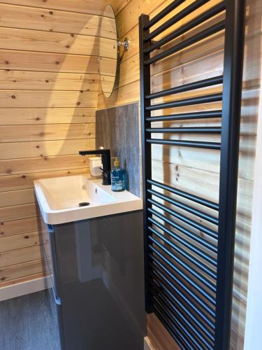 a bathroom with a sink and a wooden wall at Dalrigh Pod 2 in Onich