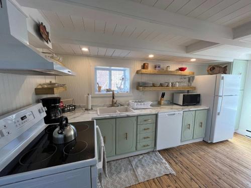 a kitchen with a stove and a white refrigerator at Wild Cove Retreat in Twillingate