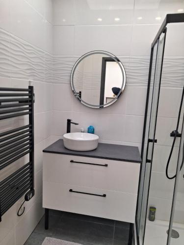 a bathroom with a sink and a mirror at Independent studio in Pont-lʼAbbé