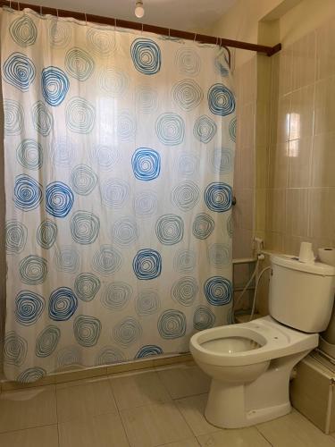 a bathroom with a toilet and a shower curtain at Akogo House - BnB , Hostel, Backpackers & Volunteer Center in Mombasa