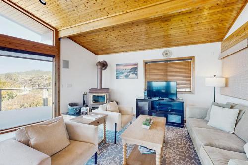 a living room with a couch and a tv at Gualala Harmony House in Gualala