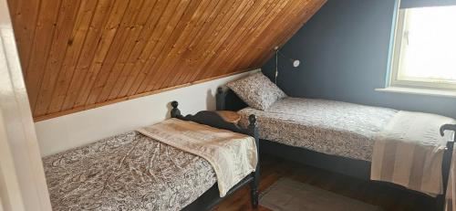a small bedroom with two beds and a window at Spekenbrink-Haaksbergen in Haaksbergen