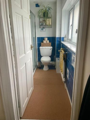 a bathroom with a toilet and a window and a door at Dream view holiday home in Castletown