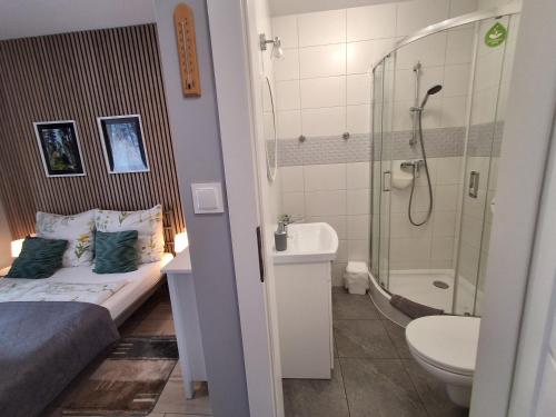a small bathroom with a bed and a shower at Idylla Apartamenty Gościnne blisko centrum in Kudowa-Zdrój