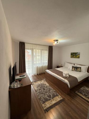 a bedroom with a large bed and a television at Casa Elena in Ceahlău