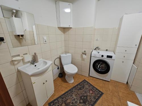 a bathroom with a toilet sink and a washing machine at Cudowne poddasze in Piotrków Trybunalski