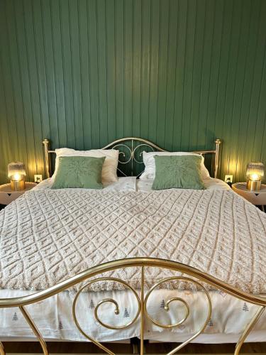 a bedroom with a bed with a green wall at Apartma Prospera - free parking in Maribor