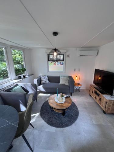 a living room with a couch and a table at Modern chalet in de bossen van de Veluwe in Epe