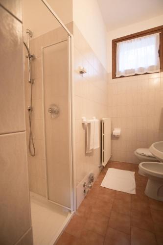 a bathroom with a shower and a toilet at La Villa Feleit in Bormio