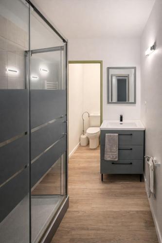 a bathroom with a sink and a toilet and a mirror at Douce Escale - 1 chambre - literie premium in Calais