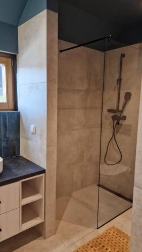 a shower with a glass door in a bathroom at Naturelodge Kalbornia Mazury in Dąbrówno