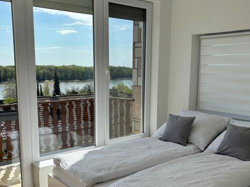 a bedroom with a couch in front of a large window at Duna Panoráma Vendégház in Mohács