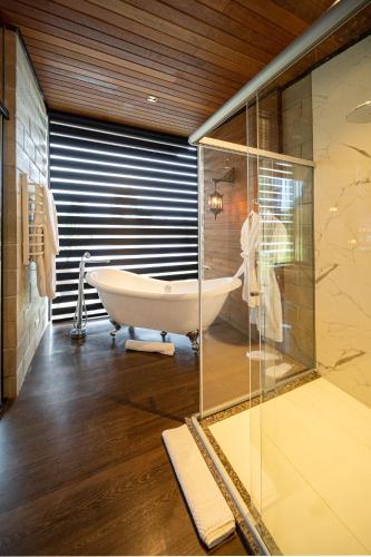 a bathroom with a tub and a walk in shower at Pousada Recanto do Sambaqui in Balsa Nova