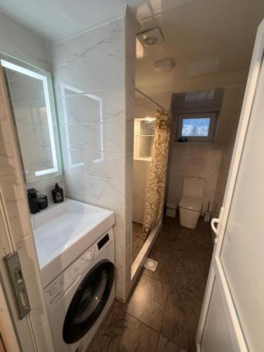a small bathroom with a washing machine in a trailer at U-Home in Verkhovyna