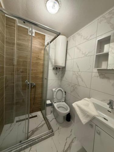 a bathroom with a shower and a toilet and a sink at Duo Apartments in Bar