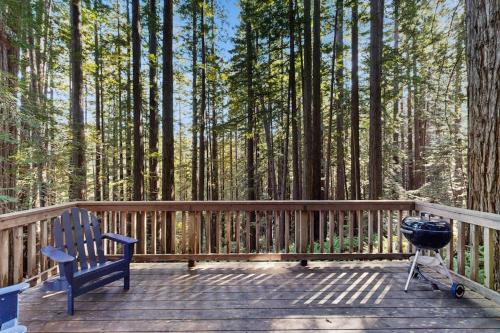 a grill and a blue bench on a wooden deck with trees at Deep Woods Hideaway in Annapolis