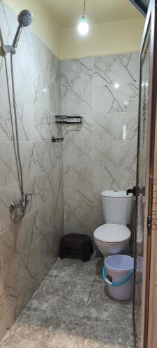 a bathroom with a shower and a toilet at Tata hôte in Tatta
