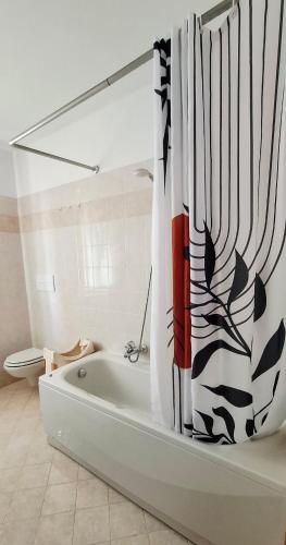 a bathroom with a bath tub with a shower curtain at La finestra sul lago in Clusane sul Lago