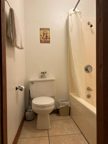 a bathroom with a toilet and a bath tub at Cabin Hilltop D on Meramec River in Steelville