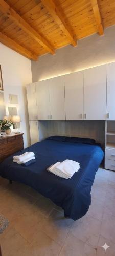 a bedroom with a large blue bed with white cabinets at a casa di Max in Trezzo sullʼAdda