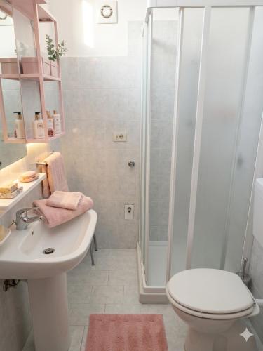 a bathroom with a shower and a sink and a toilet at a casa di Max in Trezzo sullʼAdda
