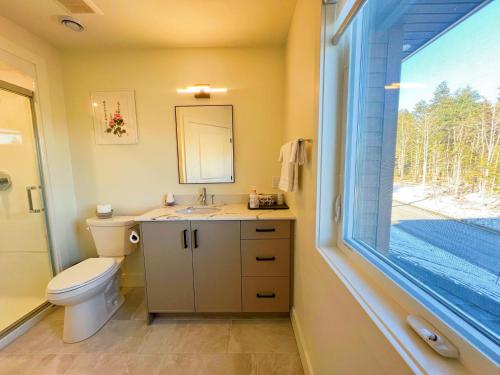 a bathroom with a toilet and a sink and a window at Morning Dew105 in Hammonds Plains