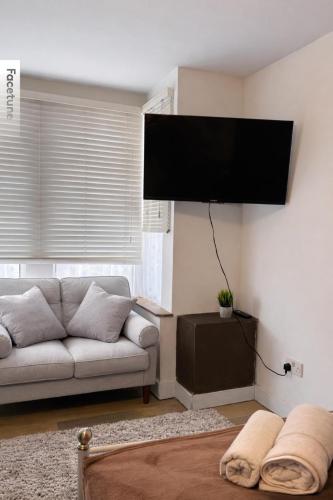 a living room with a couch and a flat screen tv at Hotel Style Room within Reading in Reading