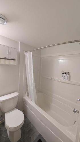 a white bathroom with a toilet and a bath tub at Modern Private Suite - Quiet & Central Winnipeg in Winnipeg