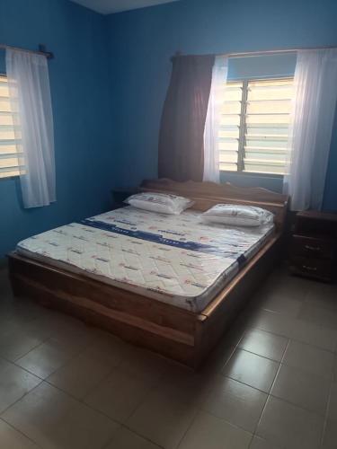 a bed in a blue room with two windows at Villa Frisi in Palimé