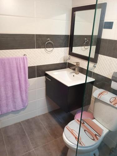 a bathroom with a toilet and a sink and a mirror at Colinas del Sol Res perfect in Jacagua