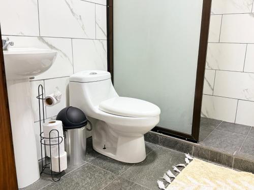 a bathroom with a toilet and a sink at Retiro Arenal in Fortuna