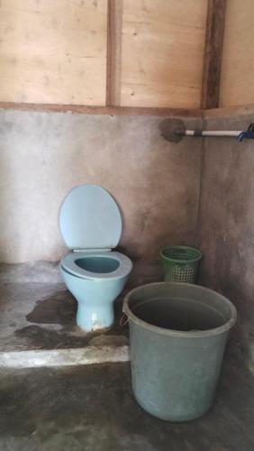 a bathroom with a blue toilet and two buckets at Adefiro Homestay in Besir