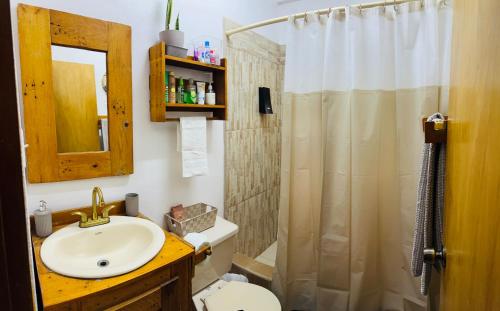 a bathroom with a sink and a shower at City Garden 2 Apartment in Belize City