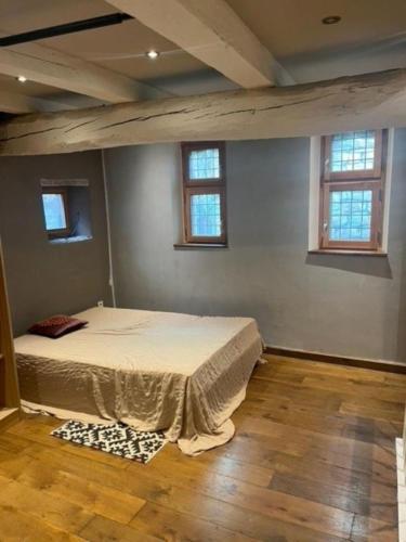 a bedroom with a bed in a room with windows at L'impasse de la courtasse in Sainte-Énimie