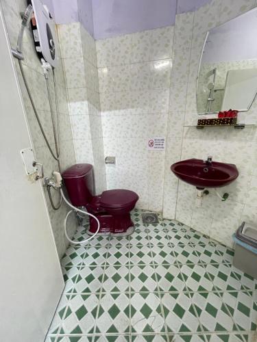 a bathroom with a red toilet and a sink at Hotel Thúy Hằng Núi Sam Châu Đốc in áº¤p VÄ©nh ÃÃ´ng