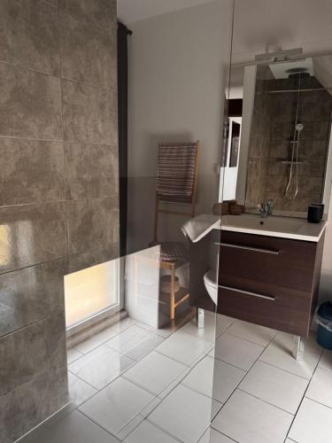 a bathroom with a sink and a shower at La Cuvée , duplex à Gevrey Chambertin. in Gevrey-Chambertin
