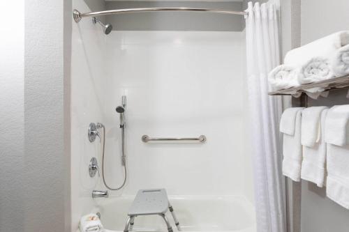 a bathroom with a shower with a stool in it at La Quinta by Wyndham Tampa Central in Tampa