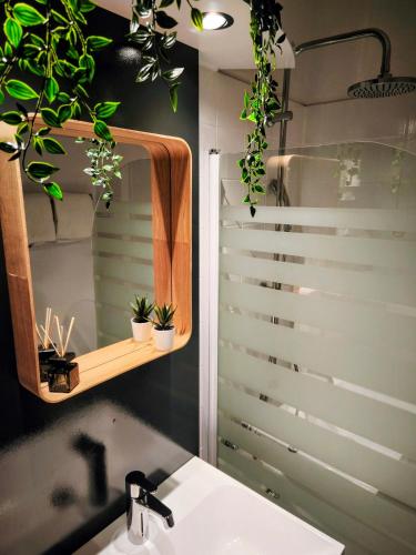 a bathroom with a sink and a mirror with plants at Stelo Appartments in Gosau