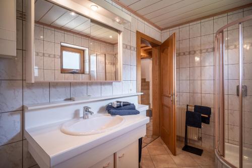 a bathroom with a sink and a mirror and a shower at Sophie's Haus in Fügen