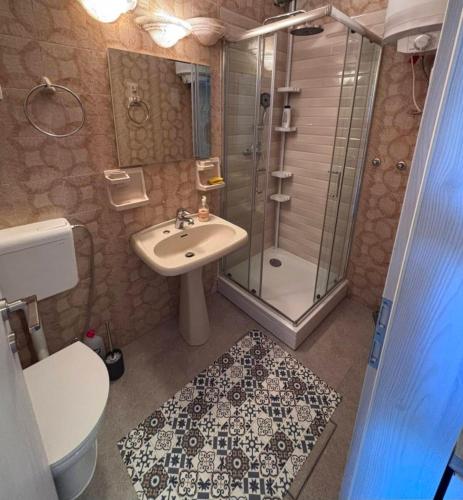 a bathroom with a shower and a sink and a toilet at Ela in Žusterna