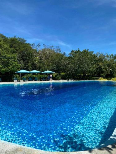 a swimming pool with blue water and blue umbrellas at Seaside Living Studio Unit in Maribago