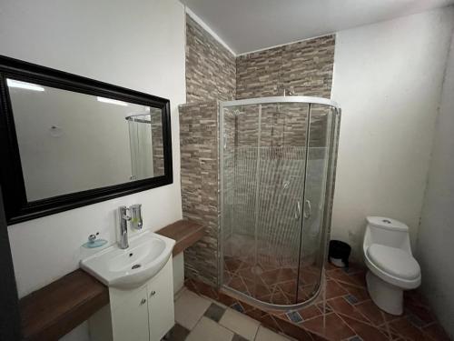 a bathroom with a shower and a sink and a toilet at Hotel Posada La Catrina in Ciudad Fernández