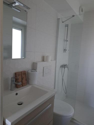 a white bathroom with a toilet and a sink at La parenthèse Lémantine - Studio 2 in Neuvecelle