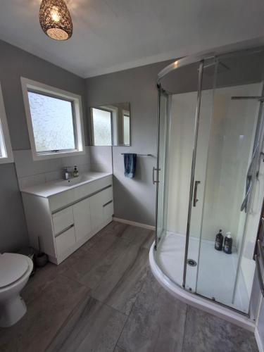 a bathroom with a shower and a sink and a toilet at Wheel Inn in New Plymouth