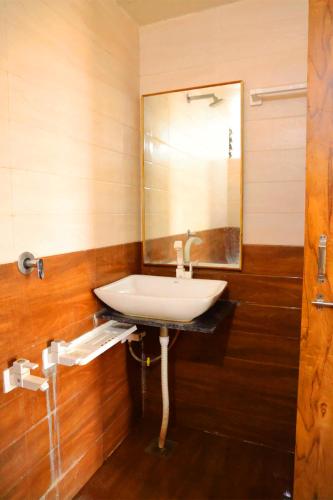 a bathroom with a sink and a mirror at Vanray Farm And Resort in Talala
