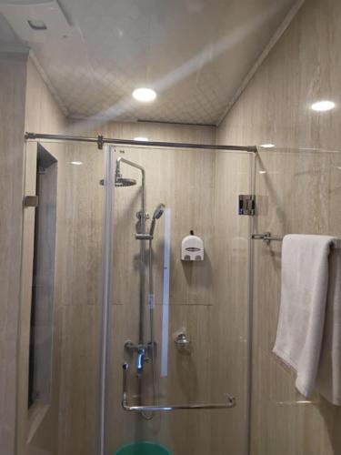a shower with a glass door in a bathroom at Hotel Ugyen, Thimphu in Thimphu