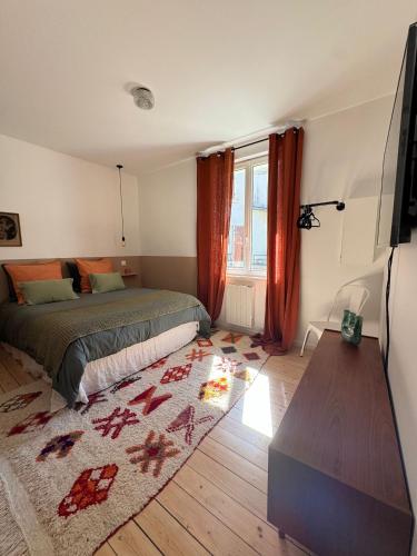 a bedroom with a bed and a television and a rug at L’appartement 39 in Lons-le-Saunier