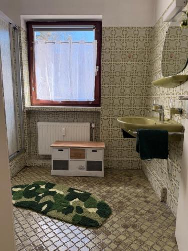 a bathroom with a sink and a bathroom rug at WanderOase Waldblick in Goslar