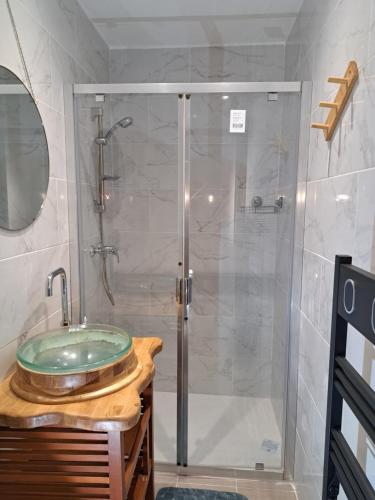 a bathroom with a glass shower with a sink at L'Isba in Saint-Appolinaire